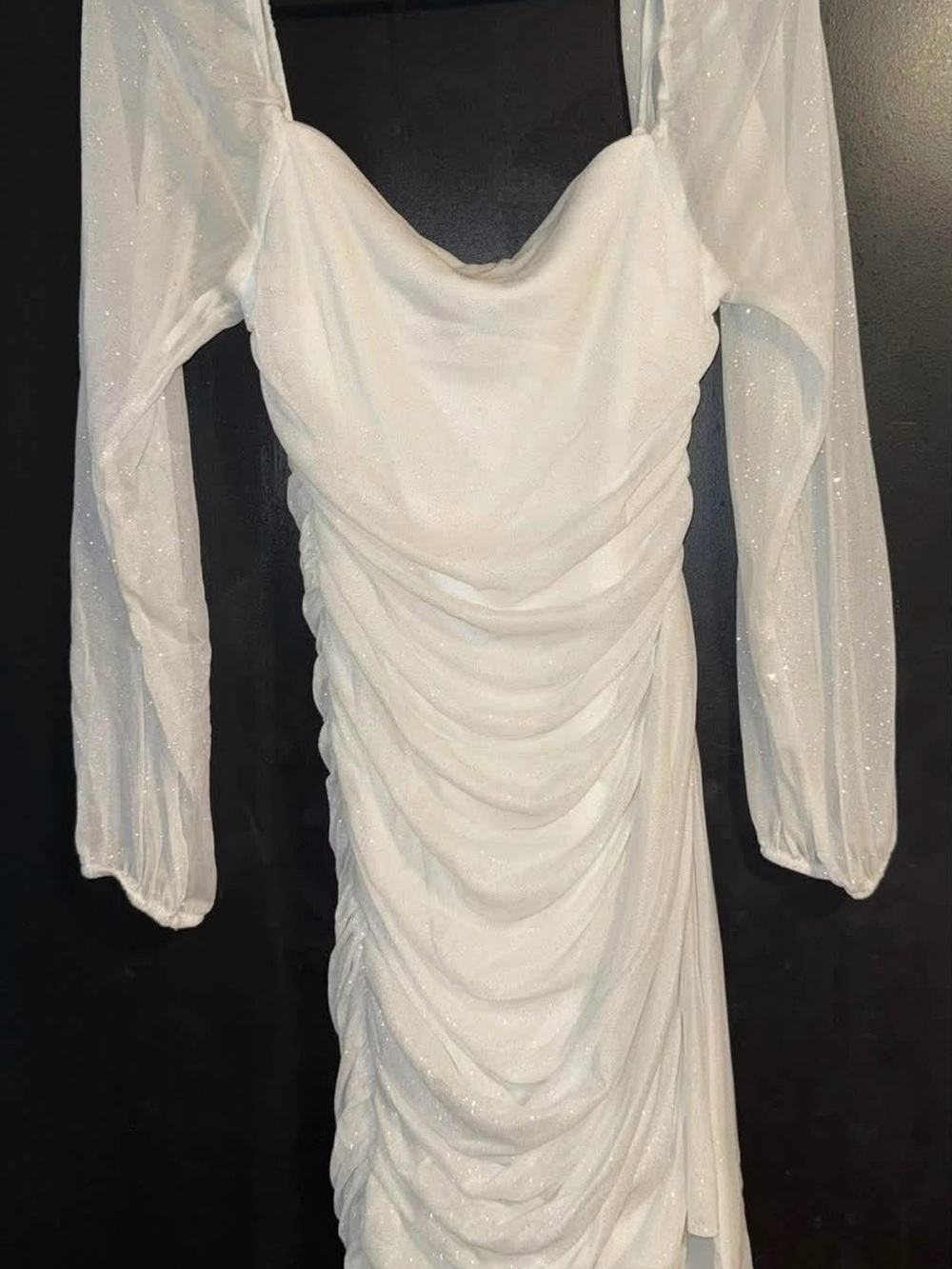 White Ruched Long-Sleeve Evening Dress with Sheer Sleeves